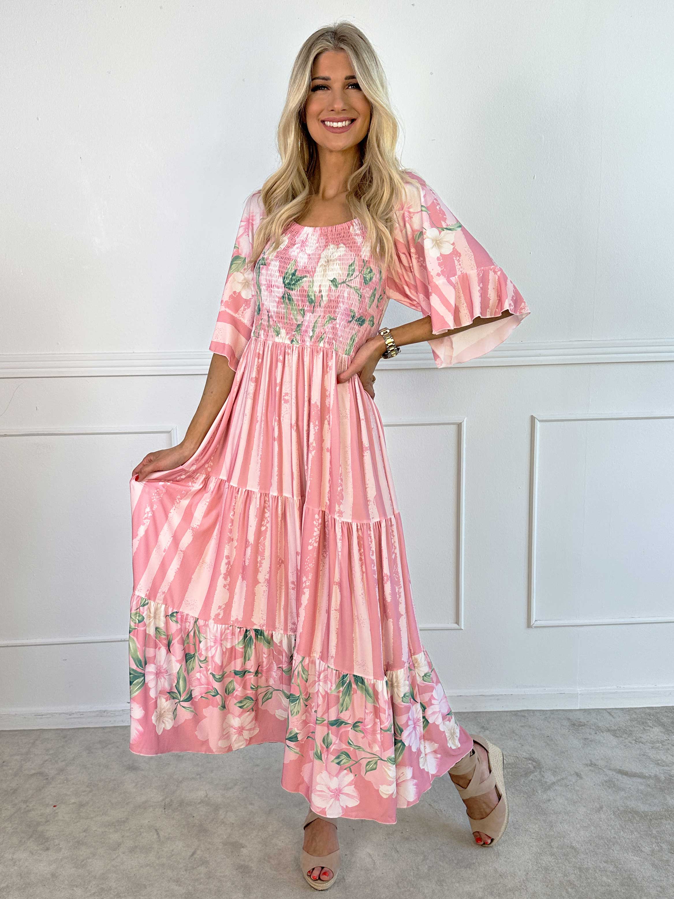 Elna Floral Stripe - Blomstret elastisk kjole med smock over brystet